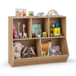 Costway 5-Cubby Kids Toy Storage Organizer Wooden Bookshelf Display Cabinet Natural/White -Furniture Store GUEST c46f90b5 c87a 4725 9548 72f846adc802