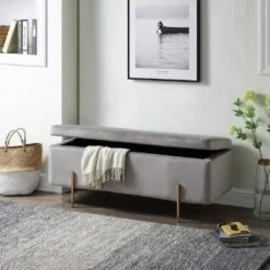 Simple Relax Velvet Storage Bench With Metal Legs In Gray