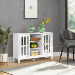 HOMCOM Modern Sideboard, Storage Cabinet, Buffet With 2 Slatted Framed Doors, Open Middle Shelving And Cable Management Hole -Furniture Store GUEST cbab4b15 eb88 4aef 88a4 11ec3c7286bf