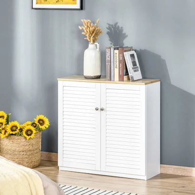 HOMCOM Storage Cabinet Kitchen Sideboard With Louvered Doors, Freestanding Floor Cabinet For Living Room, Hallway, White 3 HOMCOM Storage Cabinet Kitchen Sideboard With Louvered Doors, Freestanding Floor Cabinet For Living Room, Hallway, White