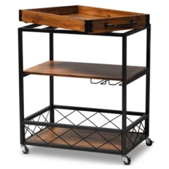 Capri Oak And Finished Mobile Metal Bar Cart With Stemware Rack Brown - Baxton Studio -Furniture Store GUEST d0723d84 efec 450f 86c9 f51bf287c67e