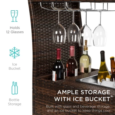 Best Choice Products Wicker Outdoor Rolling Bar Cart W/ Ice Bucket, Glass Countertop, Glass Holders, Storage - Brown 3 Best Choice Products Wicker Outdoor Rolling Bar Cart W/ Ice Bucket, Glass Countertop, Glass Holders, Storage - Brown