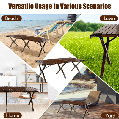 Tangkula Folding Wooden Camping Table Portable Picnic Table W/ Carry Bag Roll-up Bamboo Tabletop Outdoor Travel Camping Table Natural/Coffee 6 Tangkula Folding Wooden Camping Table Portable Picnic Table W/ Carry Bag Roll-up Bamboo Tabletop Outdoor Travel Camping Table Natural/Coffee - Image 4