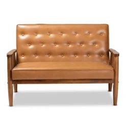 Sorrento Mid-Century Faux Leather Upholstered Wood Loveseat Walnut/Brown - Baxton Studio