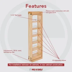 Rev-A-Shelf 432-WF42-6C 6 X 42 Inch Wooden Adjustable Pull-Out Between Cabinet Wall Filler Kitchen Storage Organizer Unit