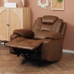 HOMCOM Overstuffed Manual Recliner Chair With Thick Sponge Padded Headrest And Armrest, And Rocking Function, Brown