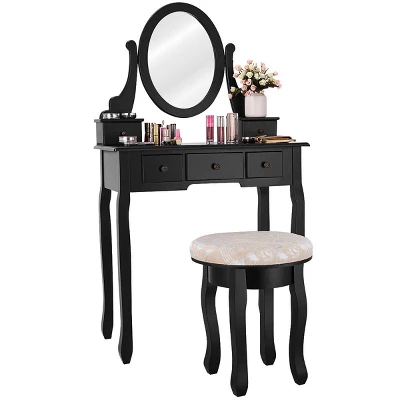 Costway Vanity Table Makeup Table Cushioned Mirror 5 Drawers Black 10 Costway Vanity Table Makeup Table Cushioned Mirror 5 Drawers Black - Image 8