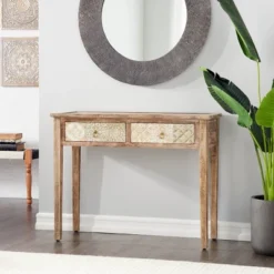 Natural Wood Desk With Carved Drawers Brown - Olivia & May