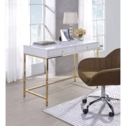 Ottey 2 Drawer Desk White High Gloss/Gold - Acme Furniture -Furniture Store GUEST fcc895e3 23d6 4c0e aff5 a8a0f2989bec