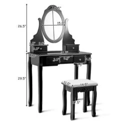 Costway Vanity Jewelry Wooden Makeup Dressing Table Set W/Stool Mirror & 5 Drawers Black -Furniture Store GUEST fe573ca1 fc04 430f 90fb 1e72cabaf3ae