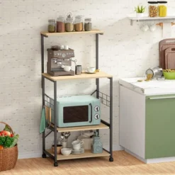 Bestier 4 Tier Shelves Portable Utility Kitchen Storage Baker's Rack Organizer Cart Stand With Adjustable Wheels And Side Hooks, 49 Inch, Oak -Furniture Store GUEST ff1f125c a194 4fb4 b924 bd1bcc3390ac