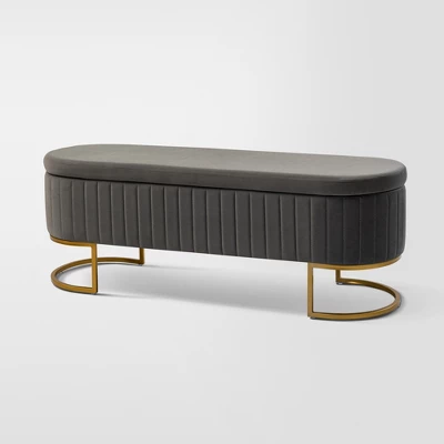 Nuria 50" Wide Modern Upholstered Flip Top Storage Bench With Golden Metal C-shaped Sled Legs For Living Room | ARTFUL LIVING DESIGN 3 Nuria 50" Wide Modern Upholstered Flip Top Storage Bench With Golden Metal C-shaped Sled Legs For Living Room | ARTFUL LIVING DESIGN